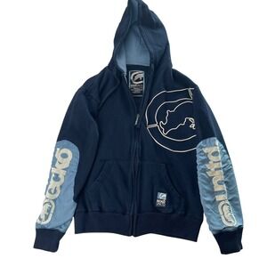 Ecko Unltd Hoodie Full Zip Up Sweatshirt Blue Graphic Spell Out Pullover
